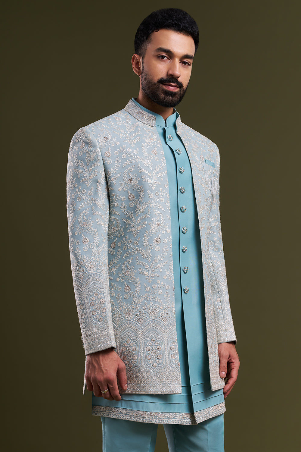 Aqua Blue Nokia Silk Embellished Men's Indo-Western Wear
