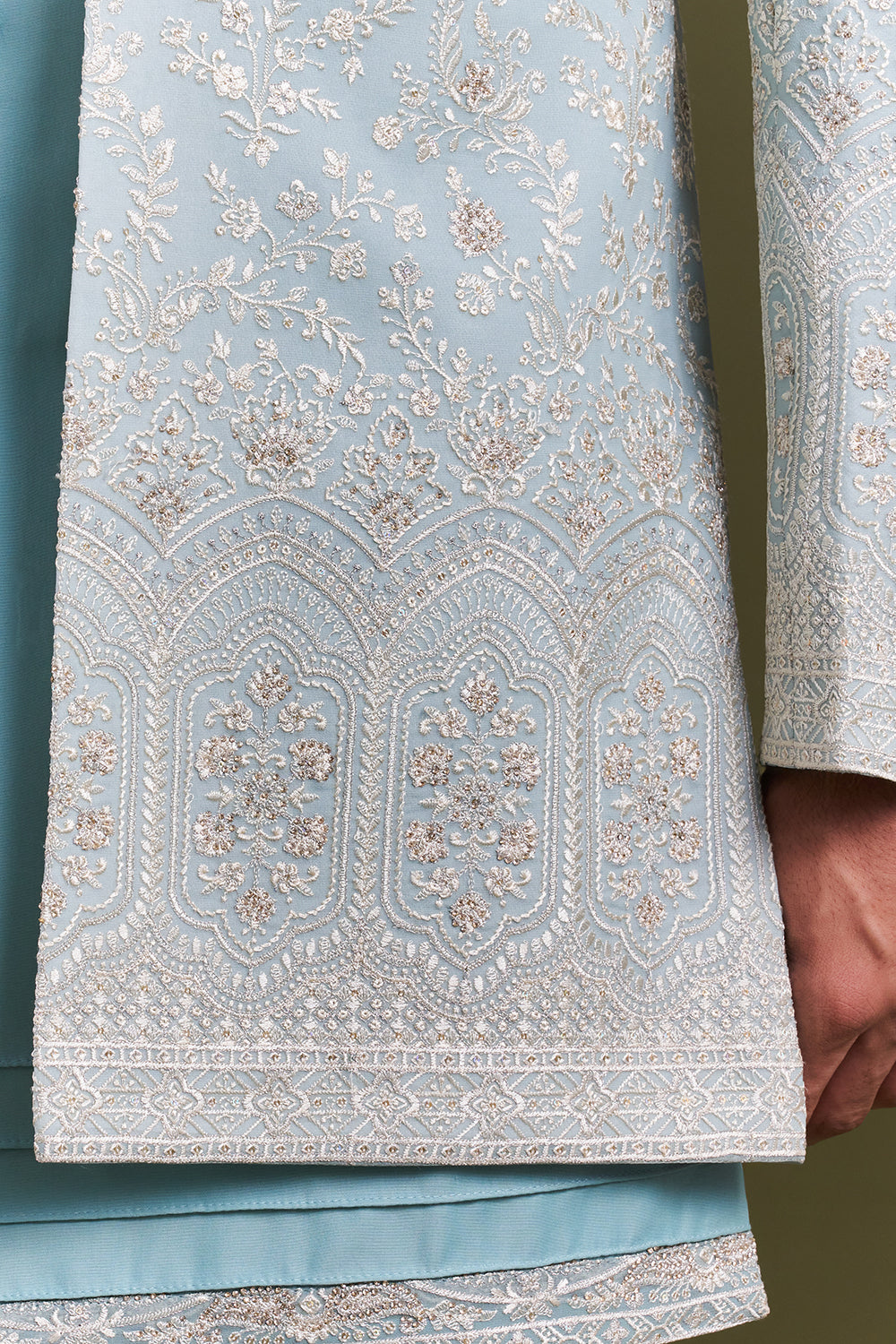 Aqua Blue Nokia Silk Embellished Men's Indo-Western Wear