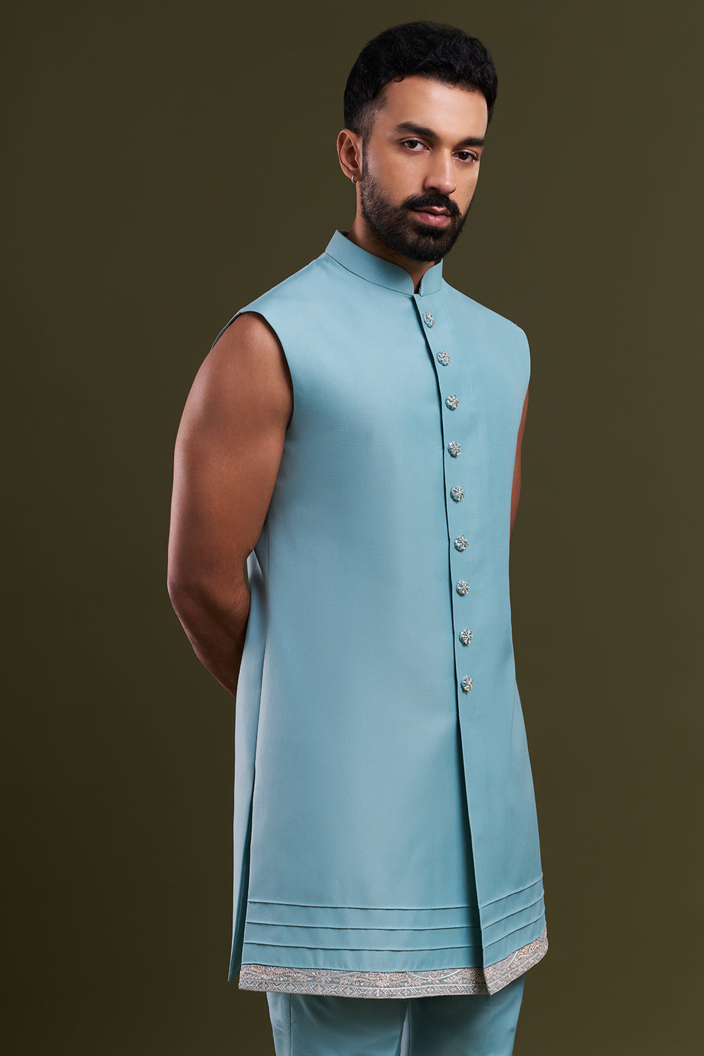 Aqua Blue Nokia Silk Embellished Men's Indo-Western Wear