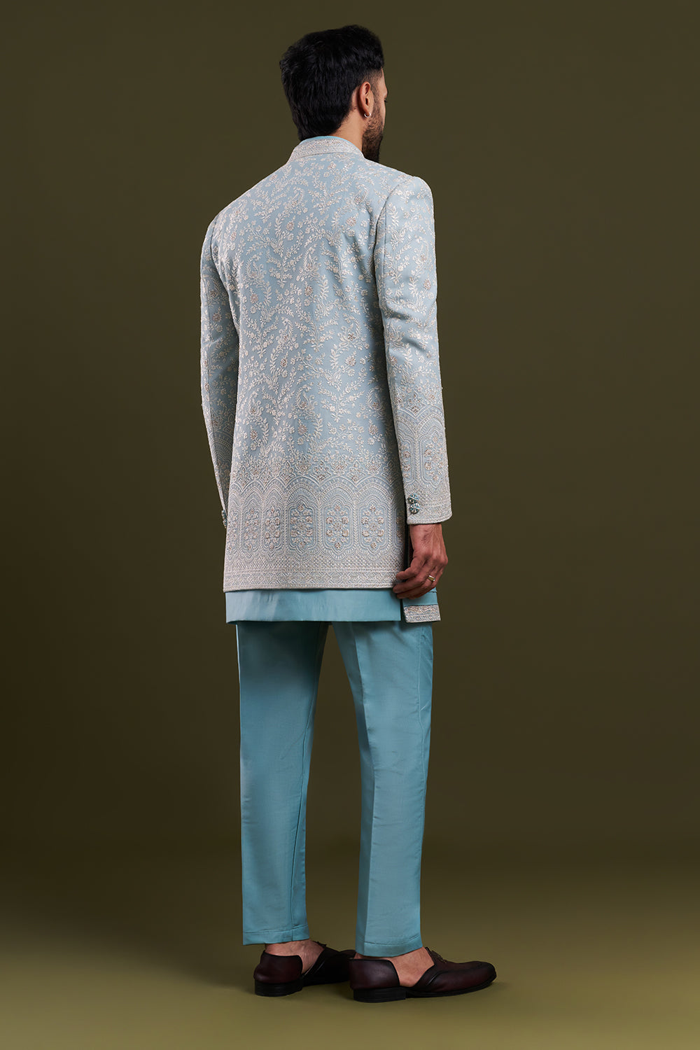 Aqua Blue Nokia Silk Embellished Men's Indo-Western Wear