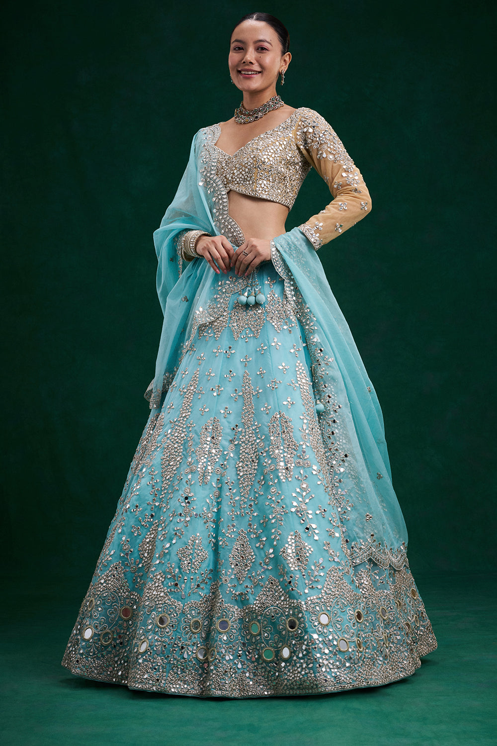 Aqua Gold Net and Organza Bridal Lehenga with Mirror Zari Work