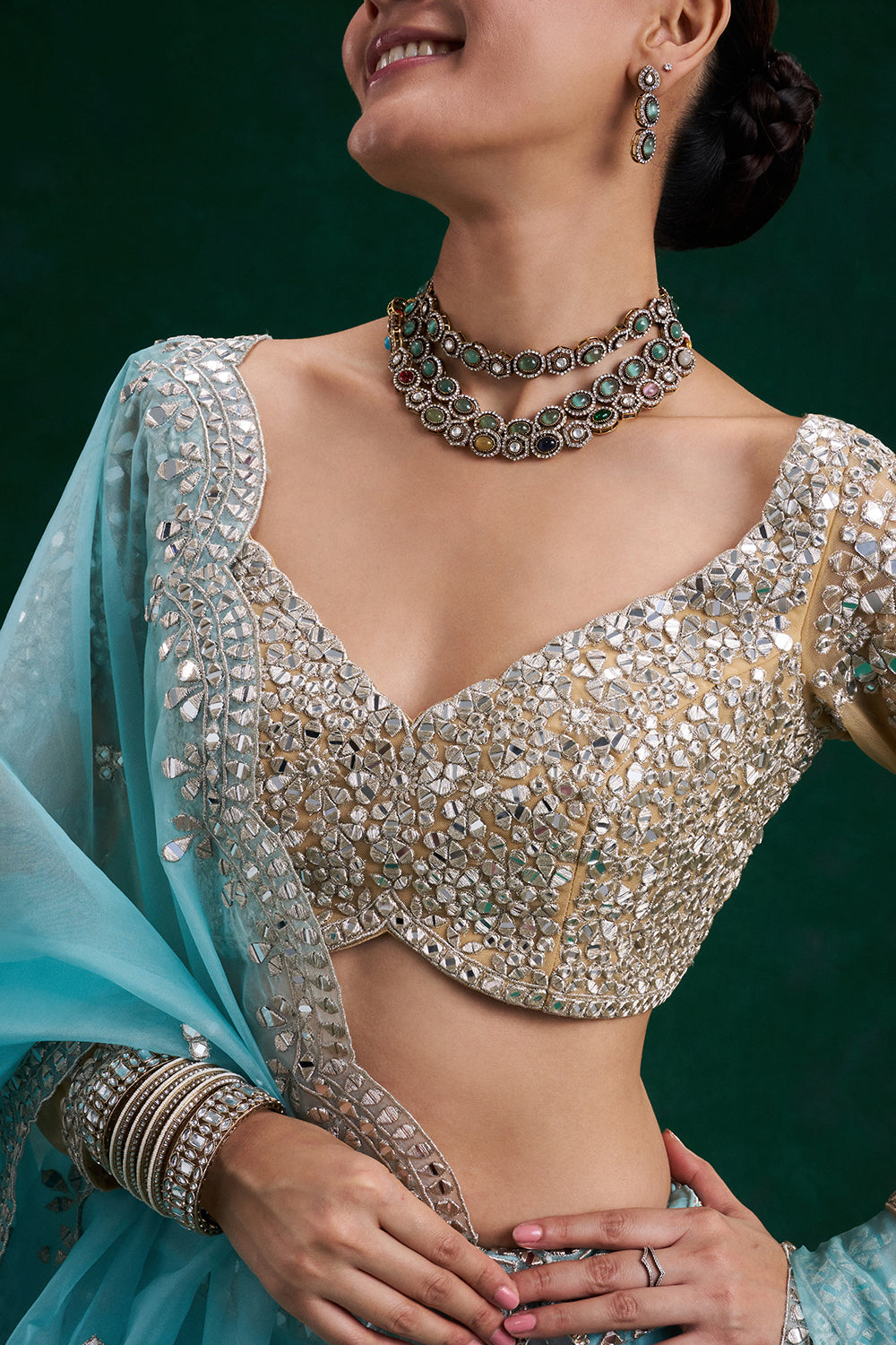 Aqua Gold Net and Organza Bridal Lehenga with Mirror Zari Work