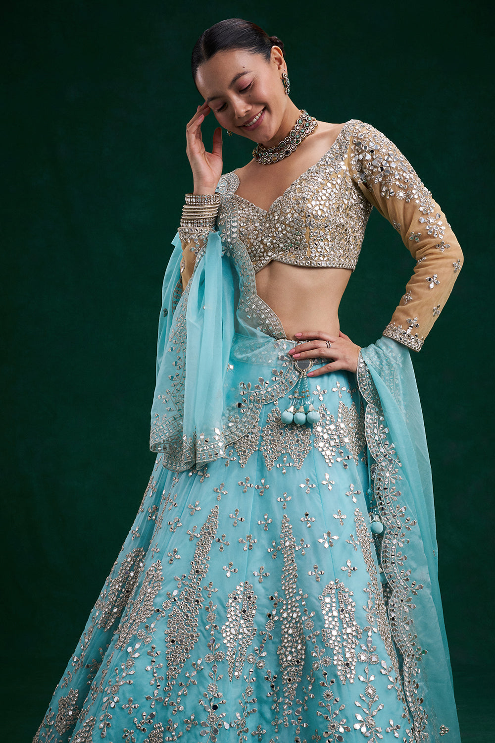 Aqua Gold Net and Organza Bridal Lehenga with Mirror Zari Work