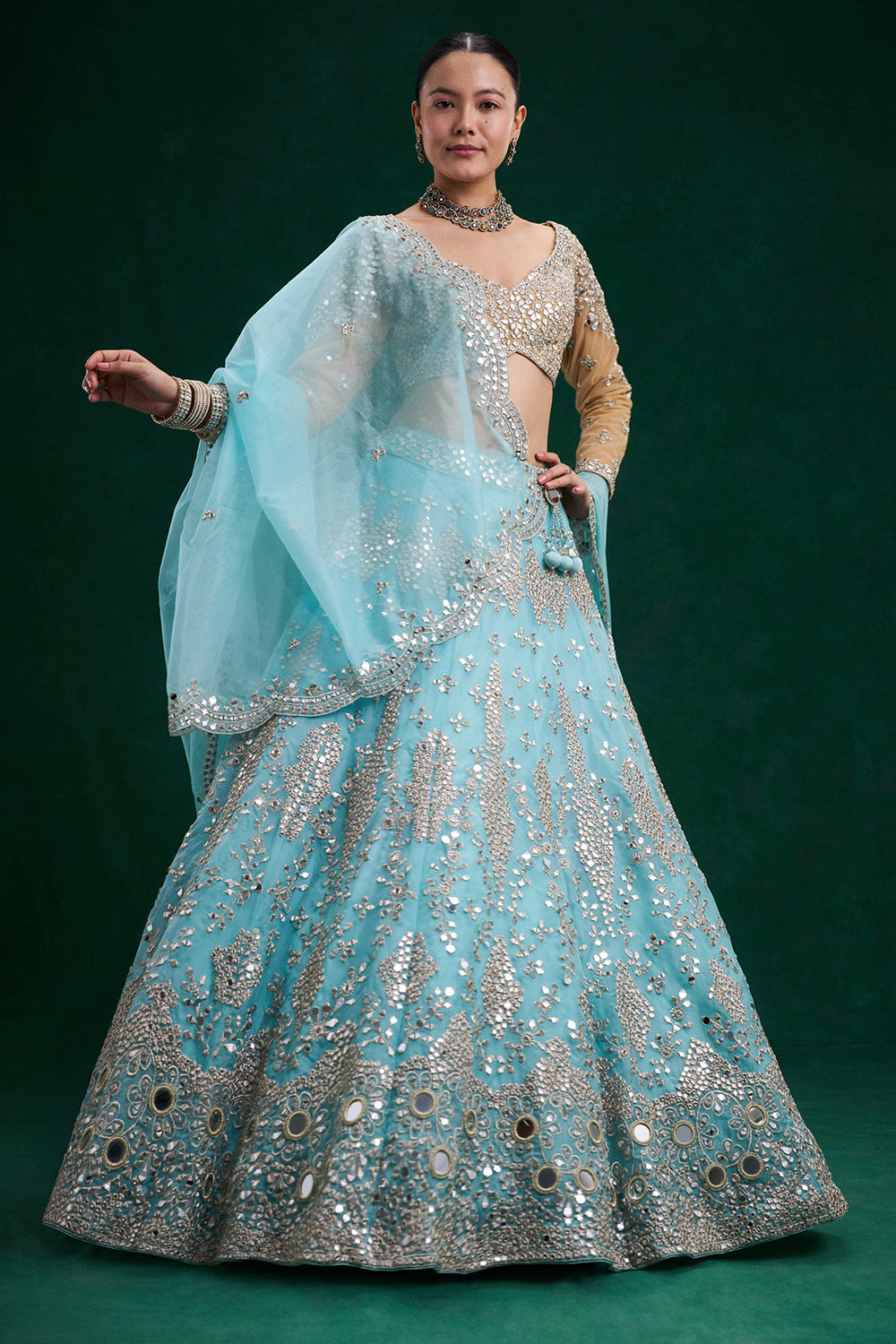 Aqua Gold Net and Organza Bridal Lehenga with Mirror Zari Work