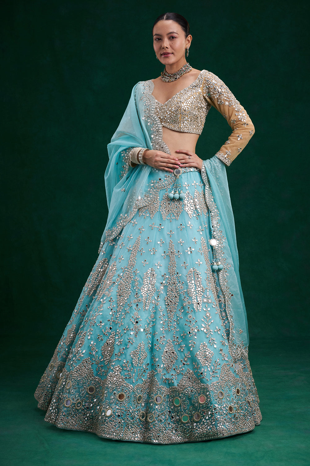 Aqua Gold Net and Organza Bridal Lehenga with Mirror Zari Work