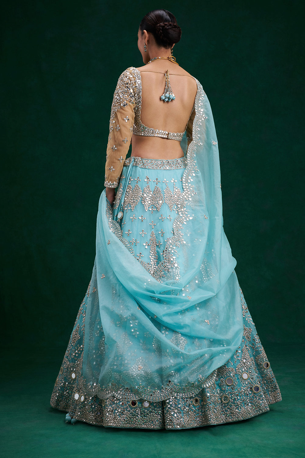 Aqua Gold Net and Organza Bridal Lehenga with Mirror Zari Work