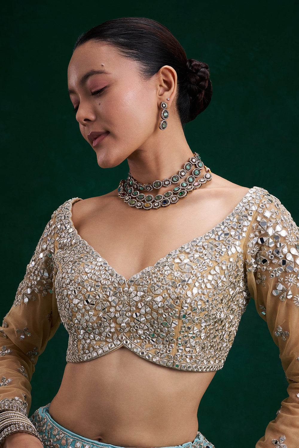 Aqua Gold Net and Organza Bridal Lehenga with Mirror Zari Work
