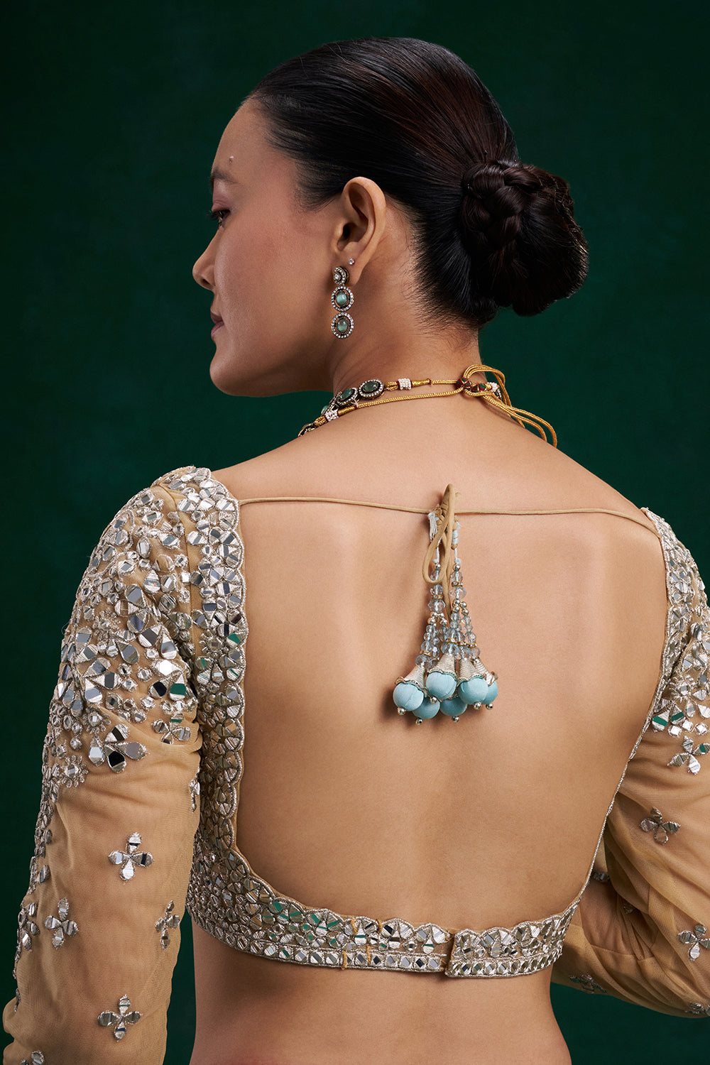 Aqua Gold Net and Organza Bridal Lehenga with Mirror Zari Work