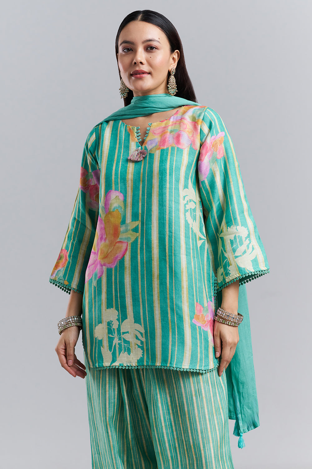 Aqua Green Floral Printed Kurta Patiala Set with Dupatta