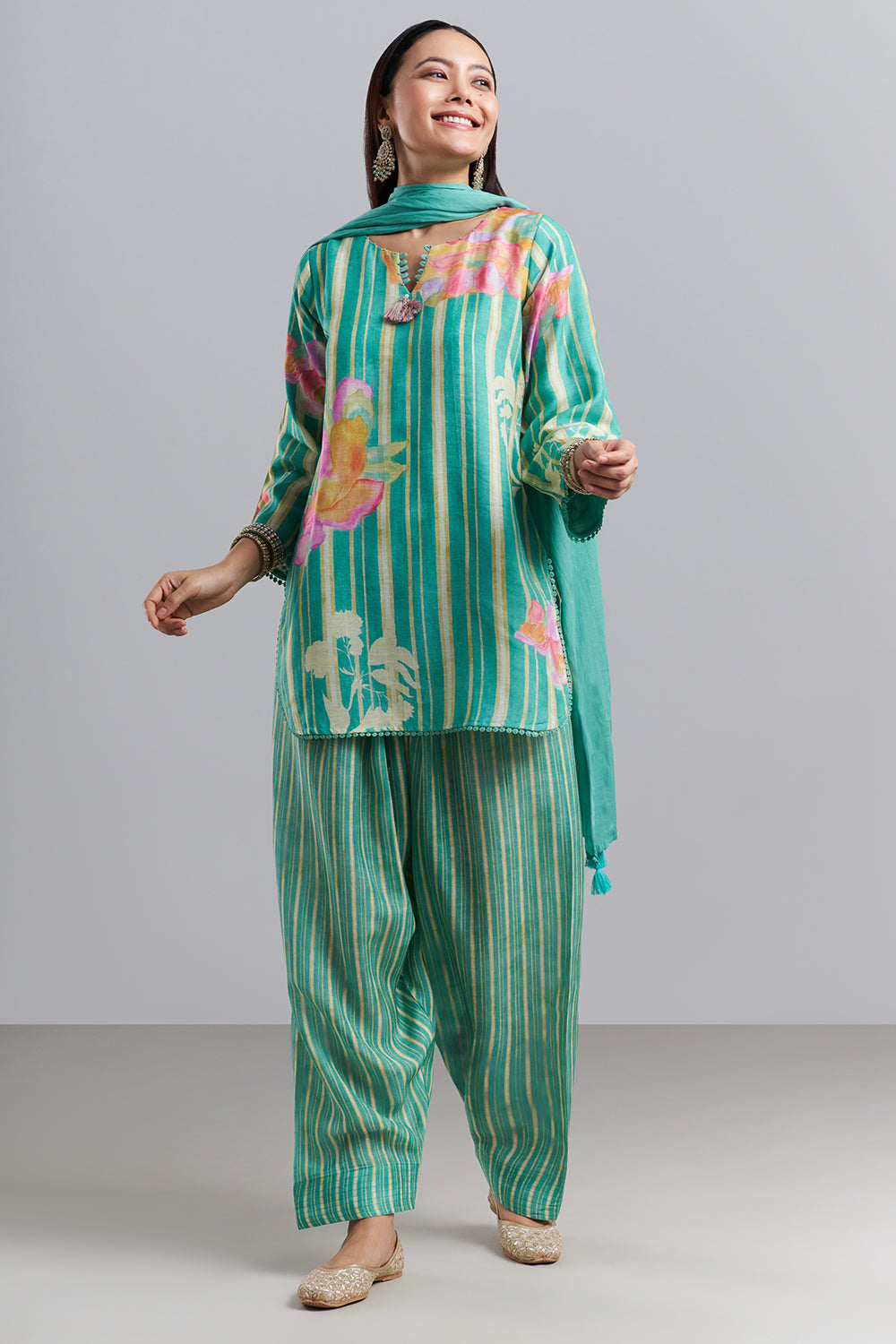 Aqua Green Floral Printed Kurta Patiala Set with Dupatta