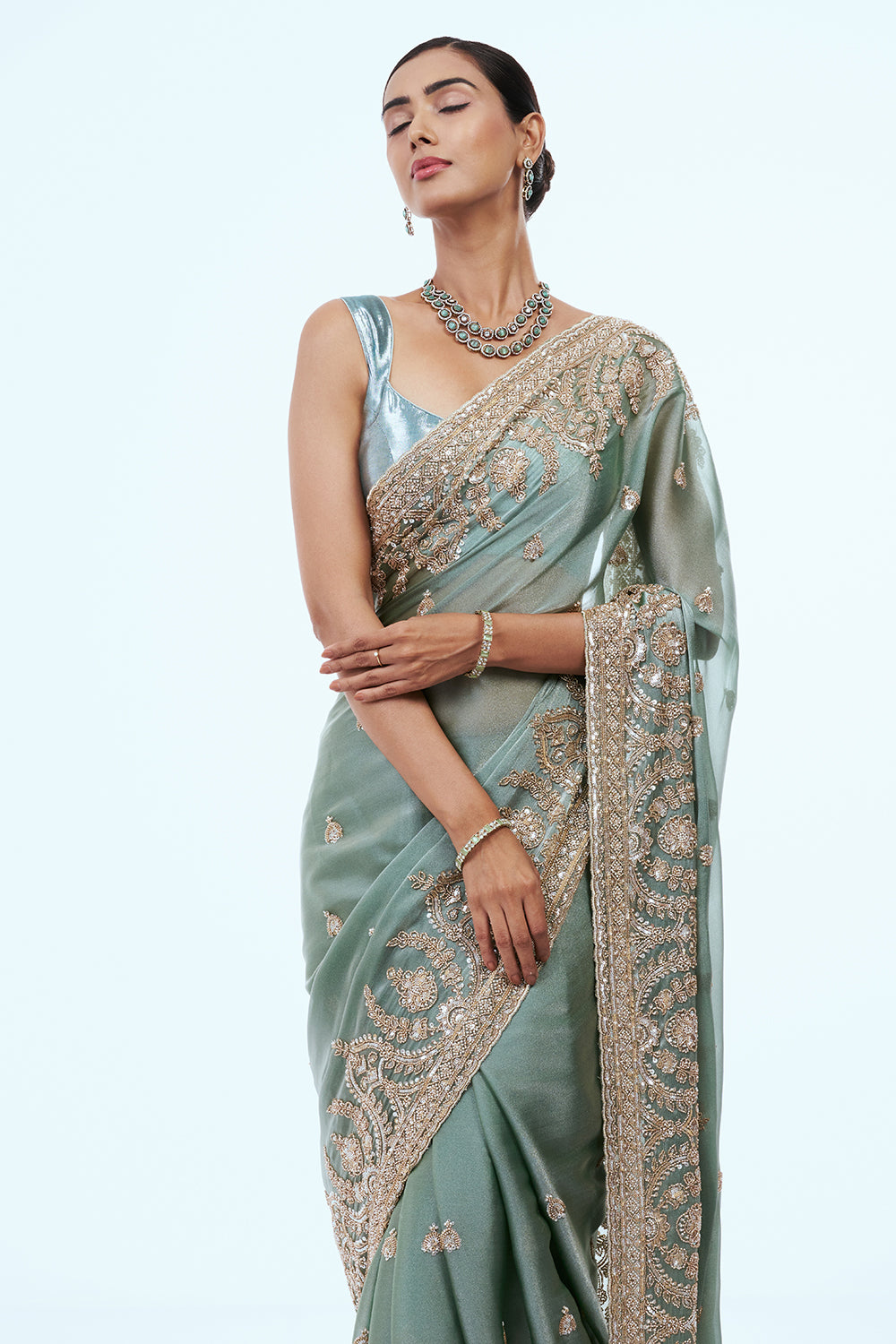 Aqua Green Shimmer Organza Saree with Zari Work