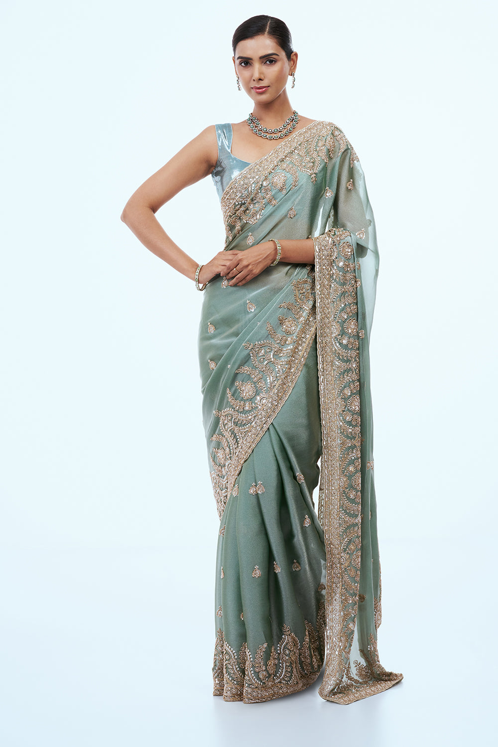 Aqua Green Shimmer Organza Saree with Zari Work