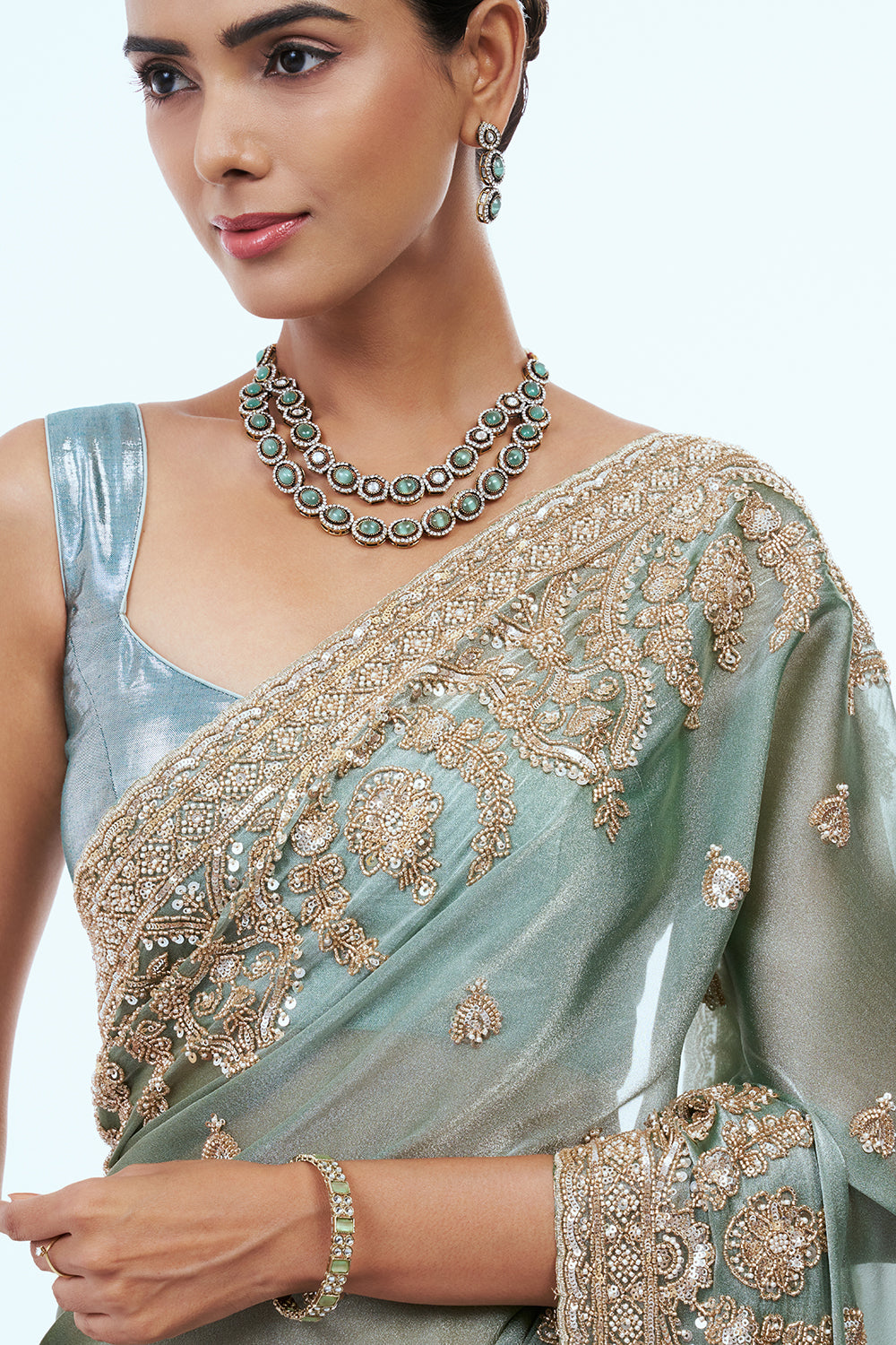 Aqua Green Shimmer Organza Saree with Zari Work
