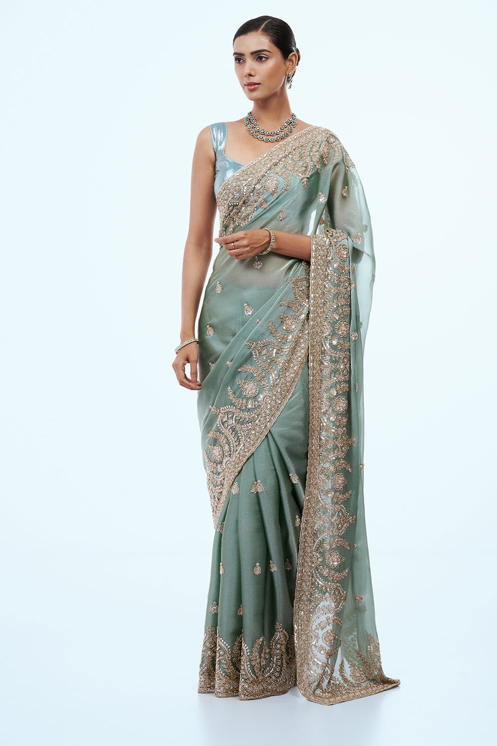 Aqua Green Shimmer Organza Saree with Zari Work