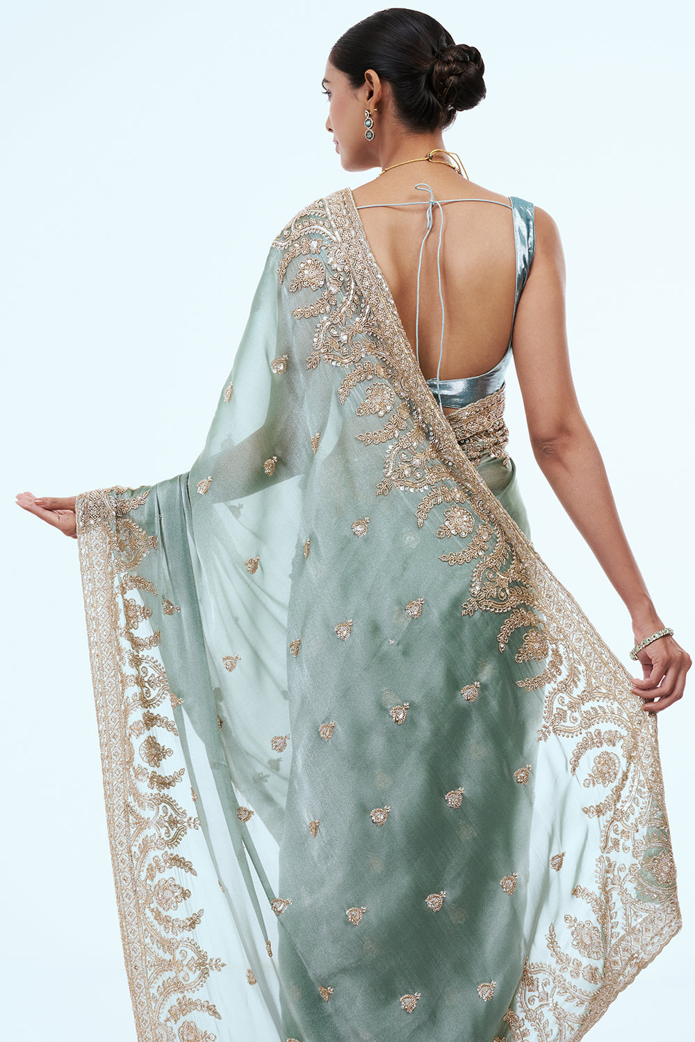 Aqua Green Shimmer Organza Saree with Zari Work