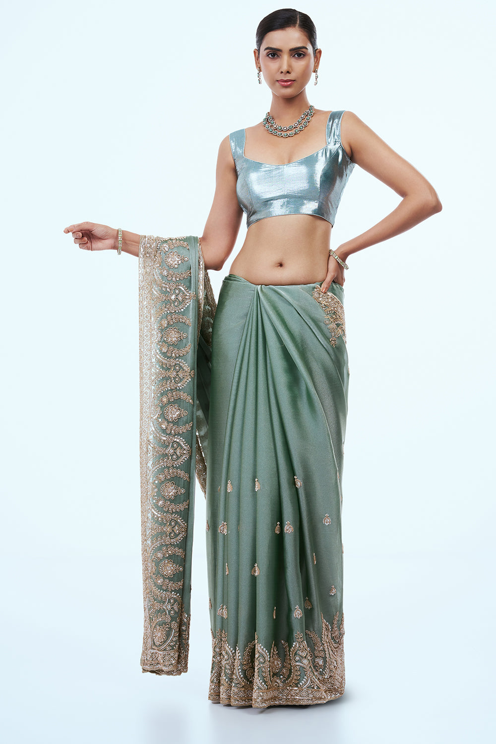 Aqua Green Shimmer Organza Saree with Zari Work