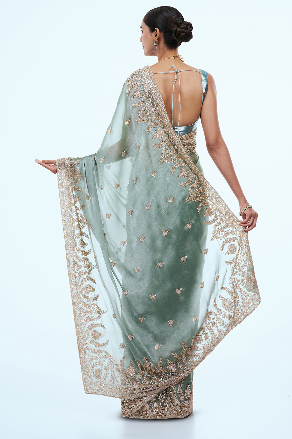 Aqua Green Shimmer Organza Saree with Zari Work