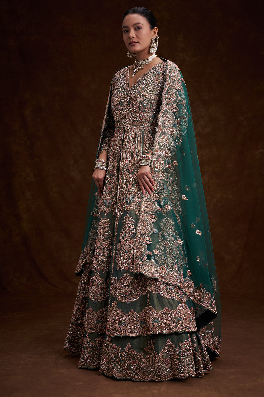 Aqua Green Tissue Silk Jacket Lehenga with Resham Embroidery and French Knots