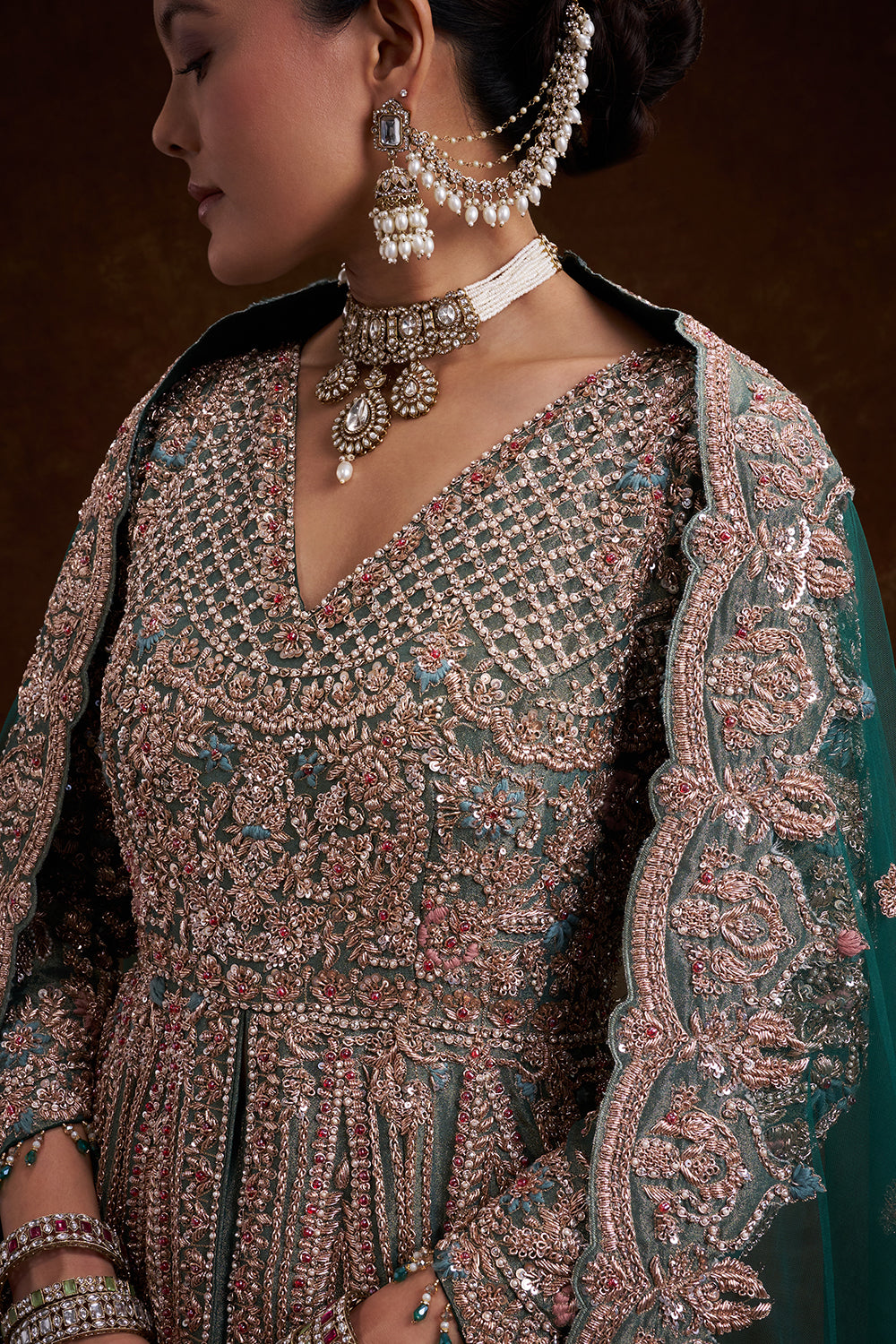 Aqua Green Tissue Silk Jacket Lehenga with Resham Embroidery and French Knots