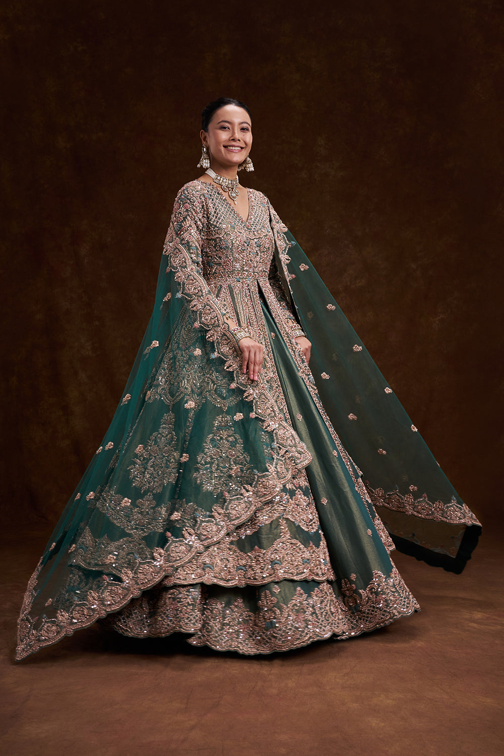 Aqua Green Tissue Silk Jacket Lehenga with Resham Embroidery and French Knots