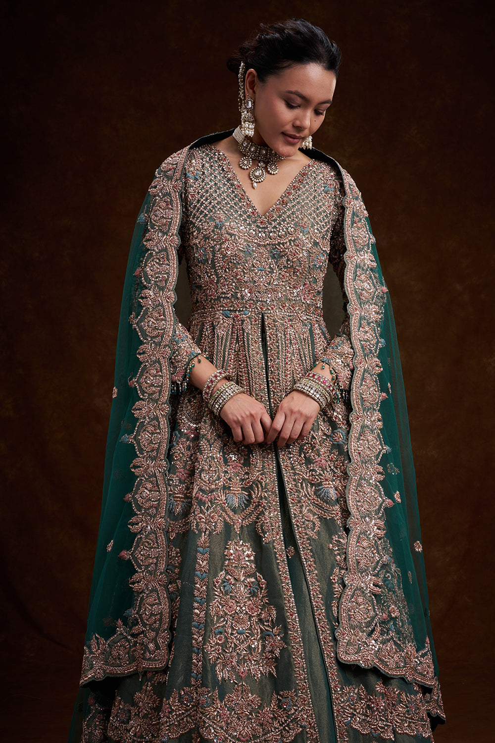 Aqua Green Tissue Silk Jacket Lehenga with Resham Embroidery and French Knots