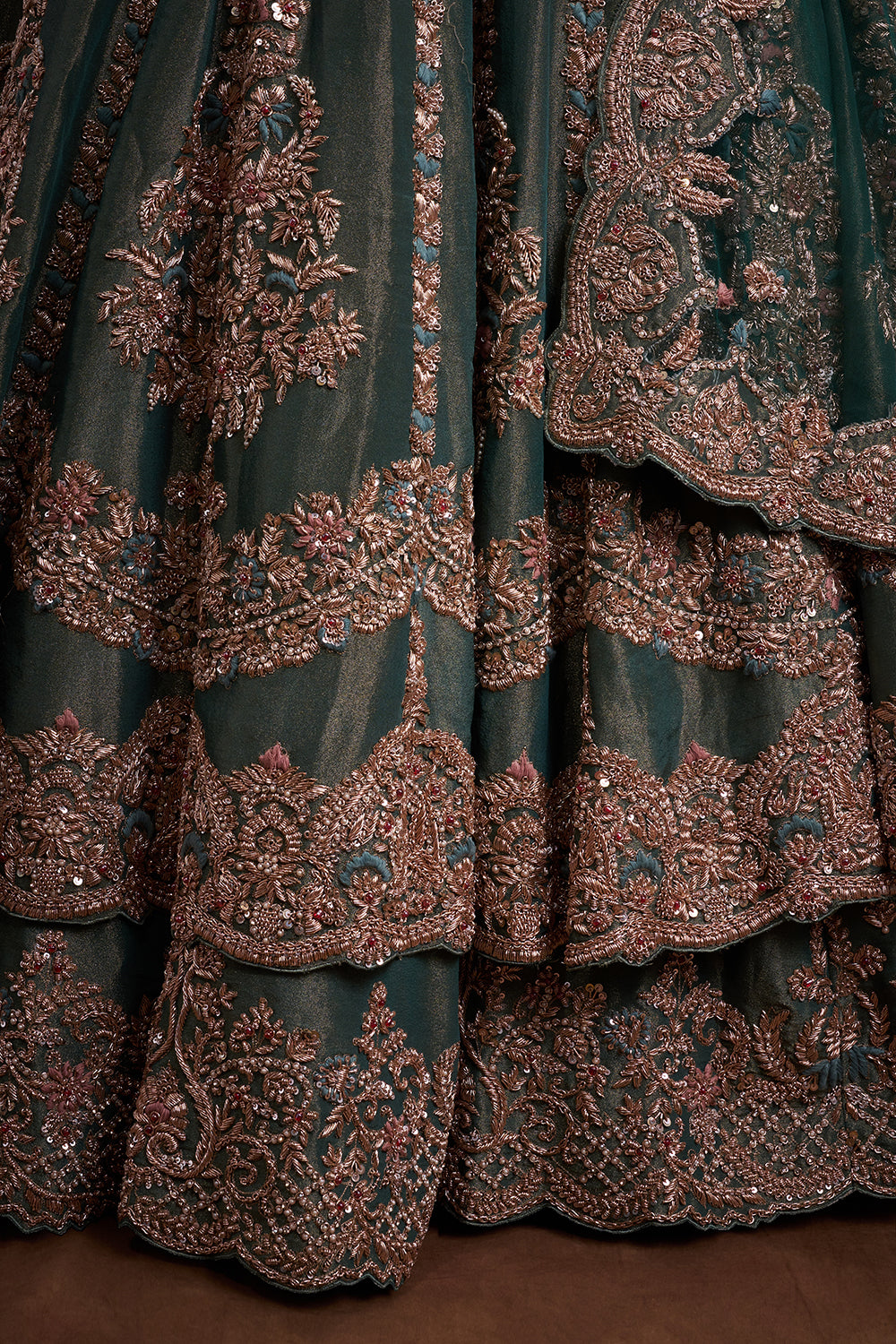 Aqua Green Tissue Silk Jacket Lehenga with Resham Embroidery and French Knots