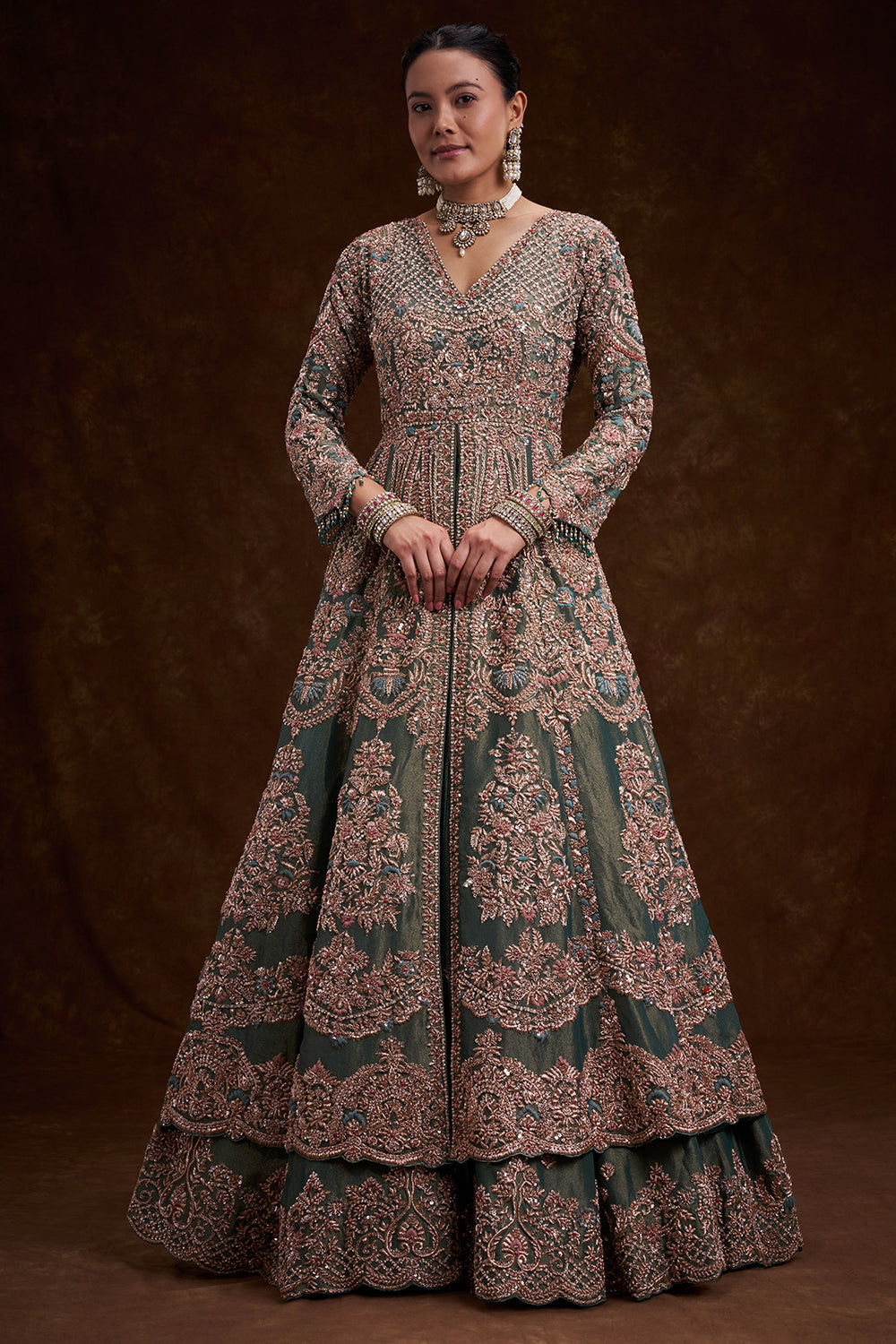 Aqua Green Tissue Silk Jacket Lehenga with Resham Embroidery and French Knots