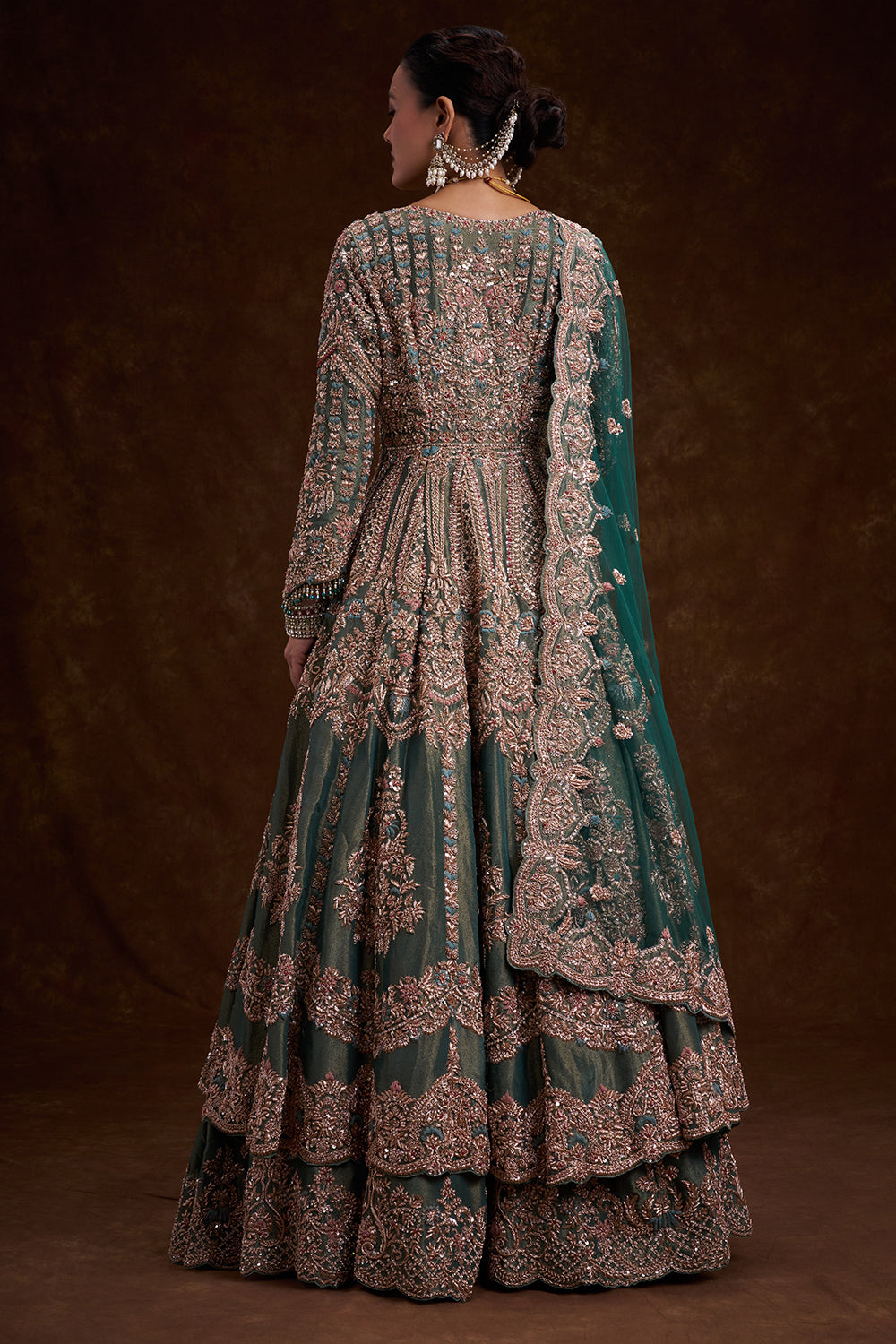 Aqua Green Tissue Silk Jacket Lehenga with Resham Embroidery and French Knots