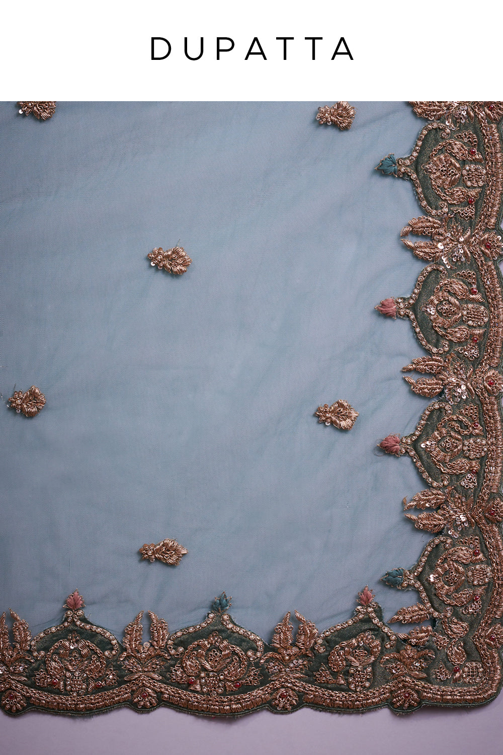 Aqua Green Tissue Silk Jacket Lehenga with Resham Embroidery and French Knots