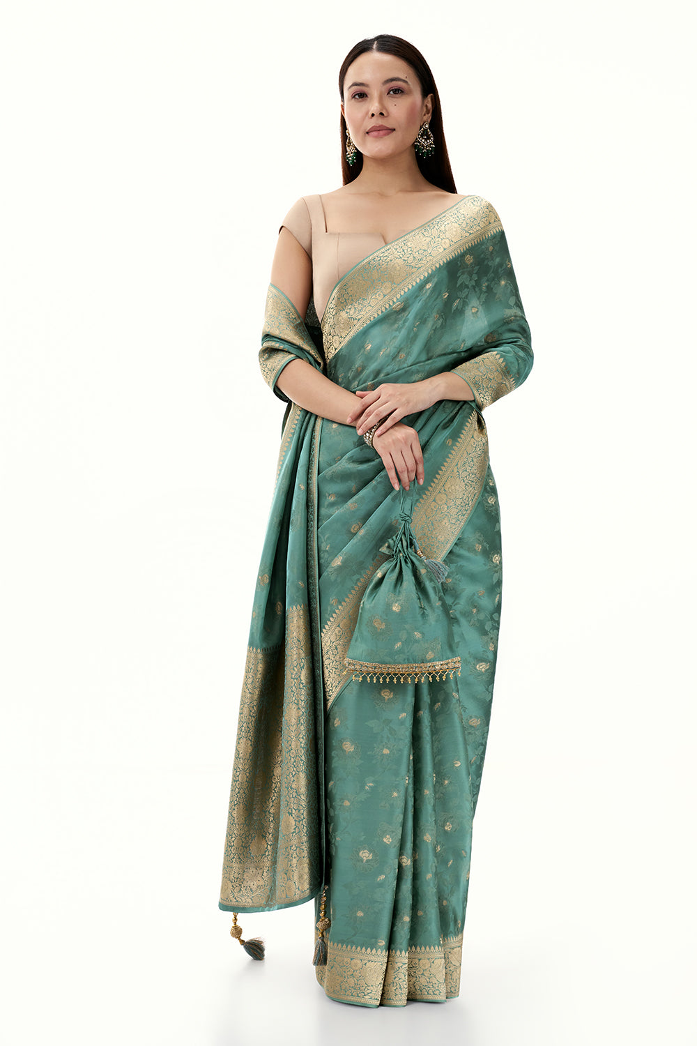 Aqua Green Woven Banarasi Satin Saree with Resham and Zari Work