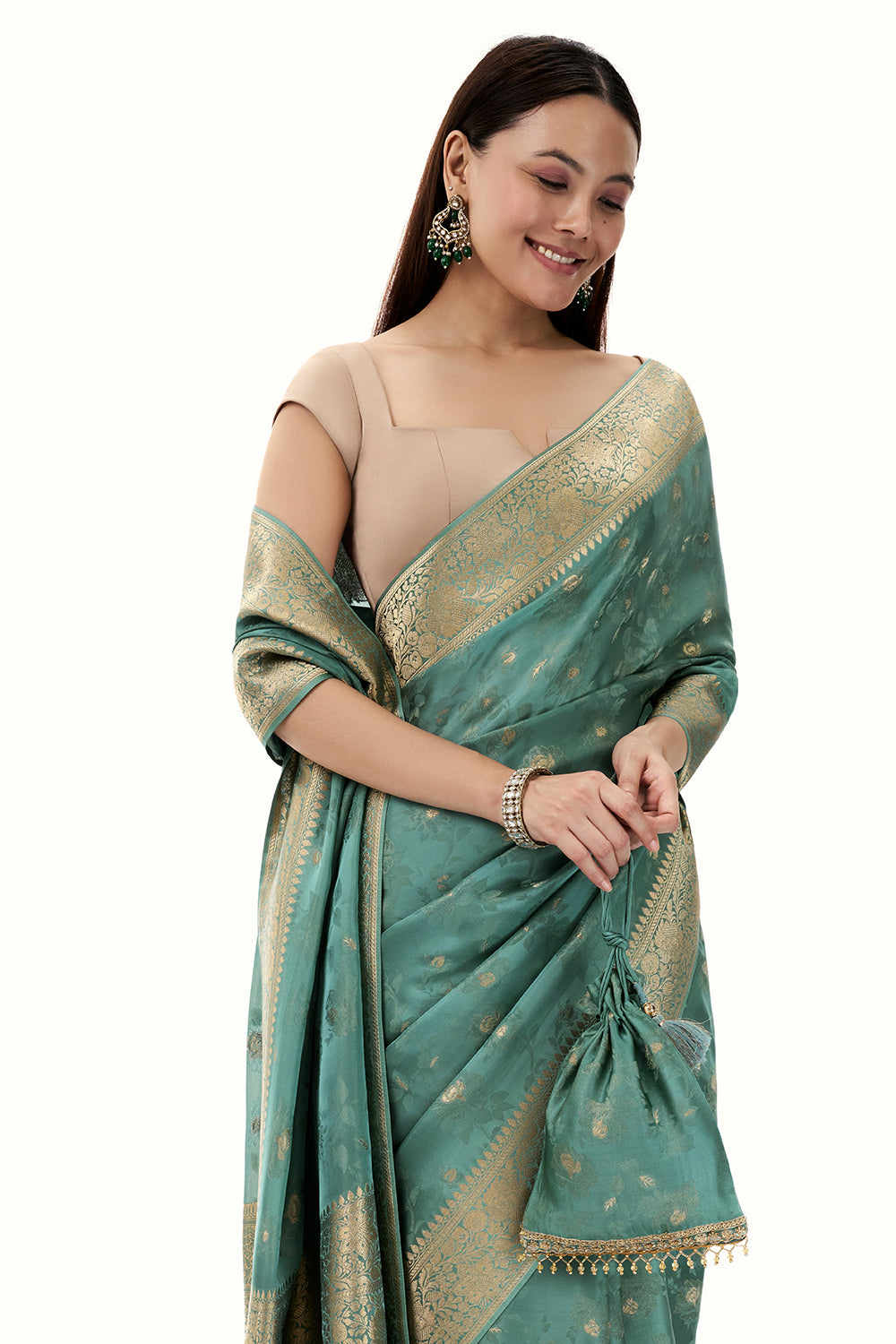 Aqua Green Woven Banarasi Satin Saree with Resham and Zari Work