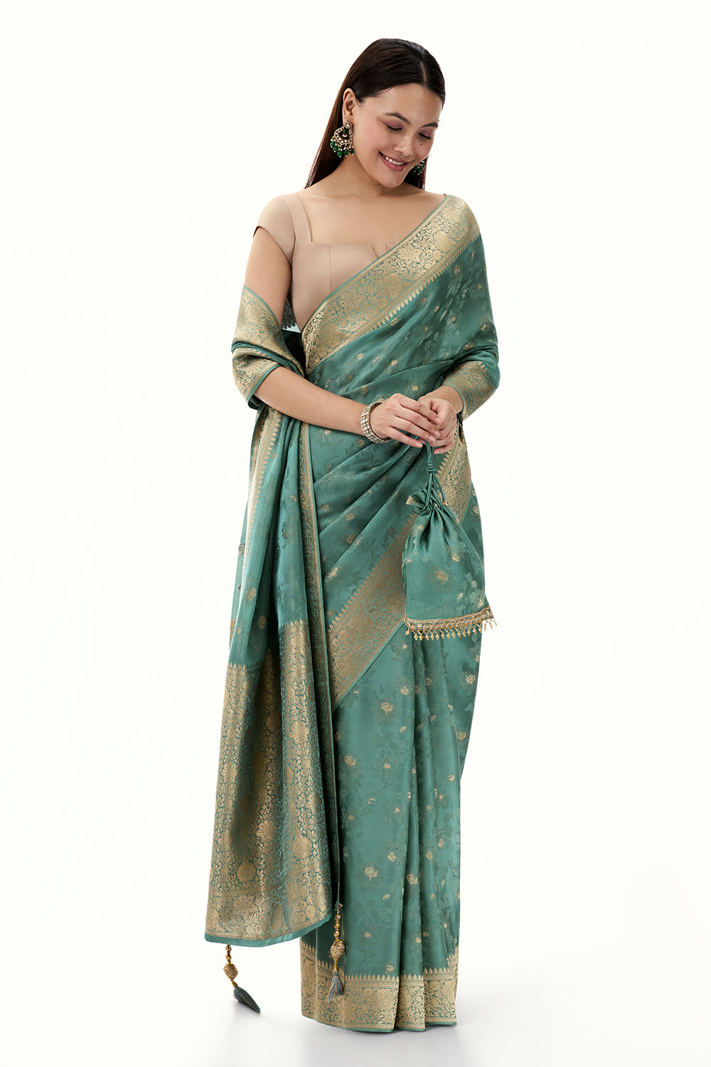 Aqua Green Woven Banarasi Satin Saree with Resham and Zari Work