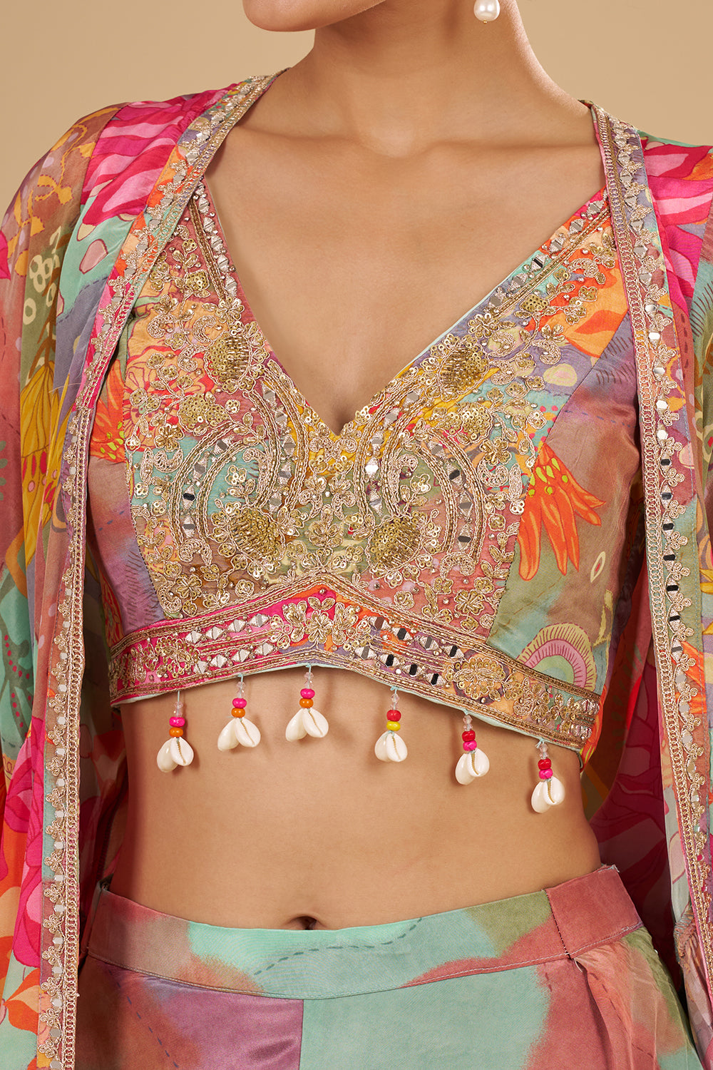 Aqua Multicolour Floral Printed Pure Crepe Cape Set with Sequins, Cut Dana and Mirror Work