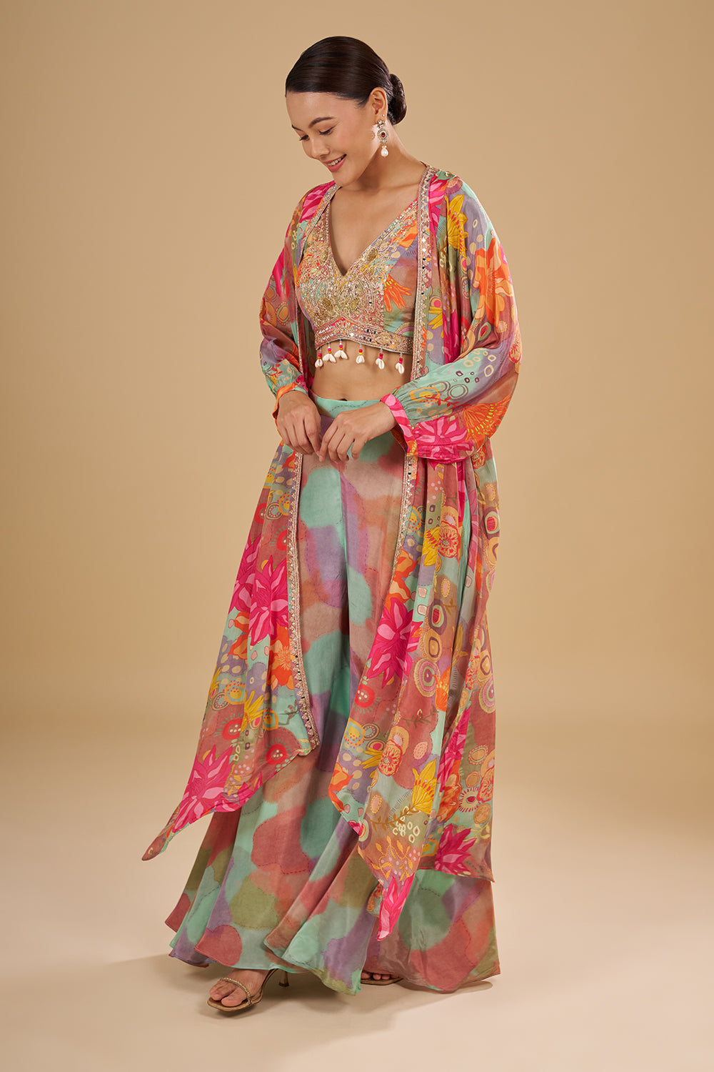 Aqua Multicolour Floral Printed Pure Crepe Cape Set with Sequins, Cut Dana and Mirror Work