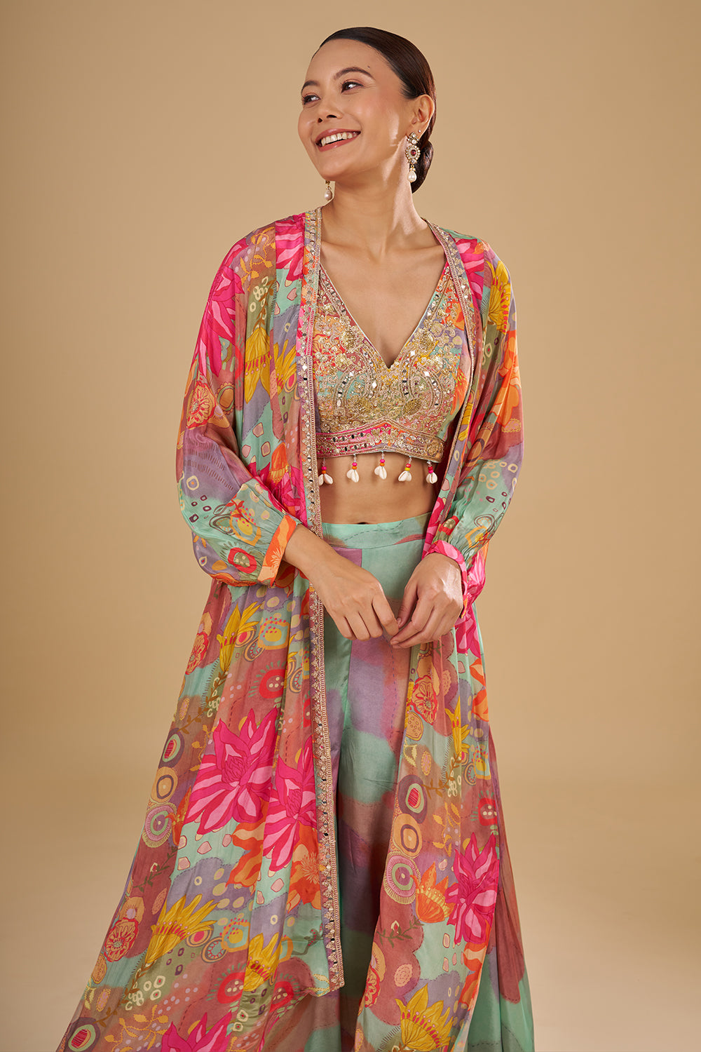 Aqua Multicolour Floral Printed Pure Crepe Cape Set with Sequins, Cut Dana and Mirror Work