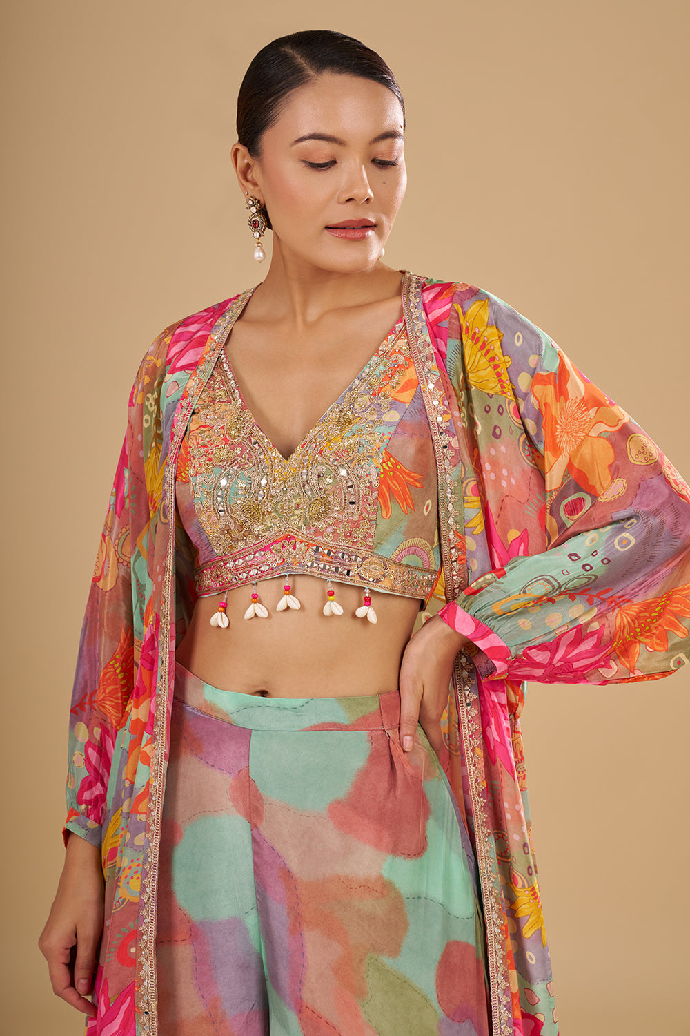 Aqua Multicolour Floral Printed Pure Crepe Cape Set with Sequins, Cut Dana and Mirror Work