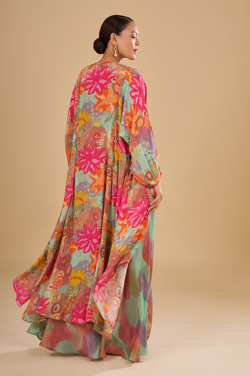 Aqua Multicolour Floral Printed Pure Crepe Cape Set with Sequins, Cut Dana and Mirror Work