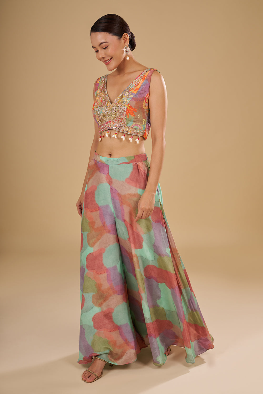 Aqua Multicolour Floral Printed Pure Crepe Cape Set with Sequins, Cut Dana and Mirror Work
