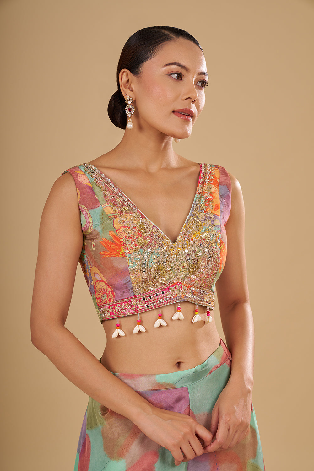 Aqua Multicolour Floral Printed Pure Crepe Cape Set with Sequins, Cut Dana and Mirror Work