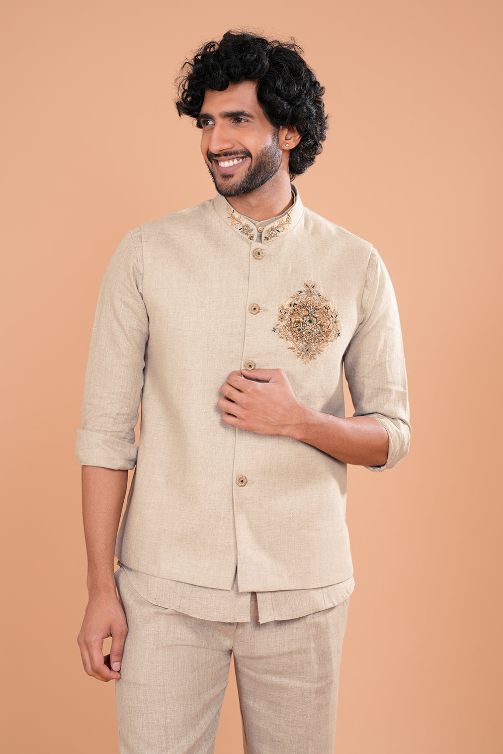 Khaki Beige Linen Embroidered Bundi Set