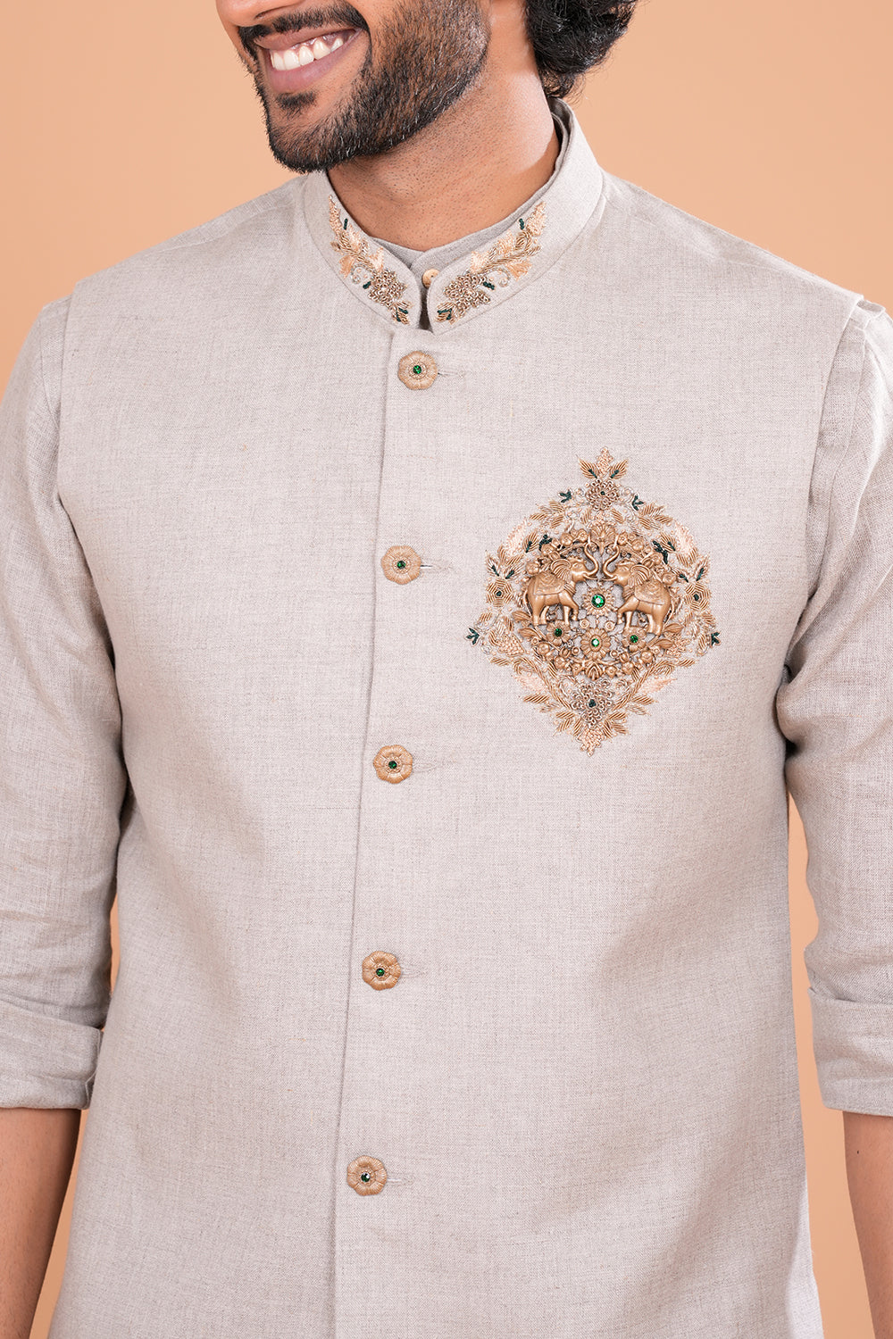 Ash Grey Linen Embroidered Bundi Set