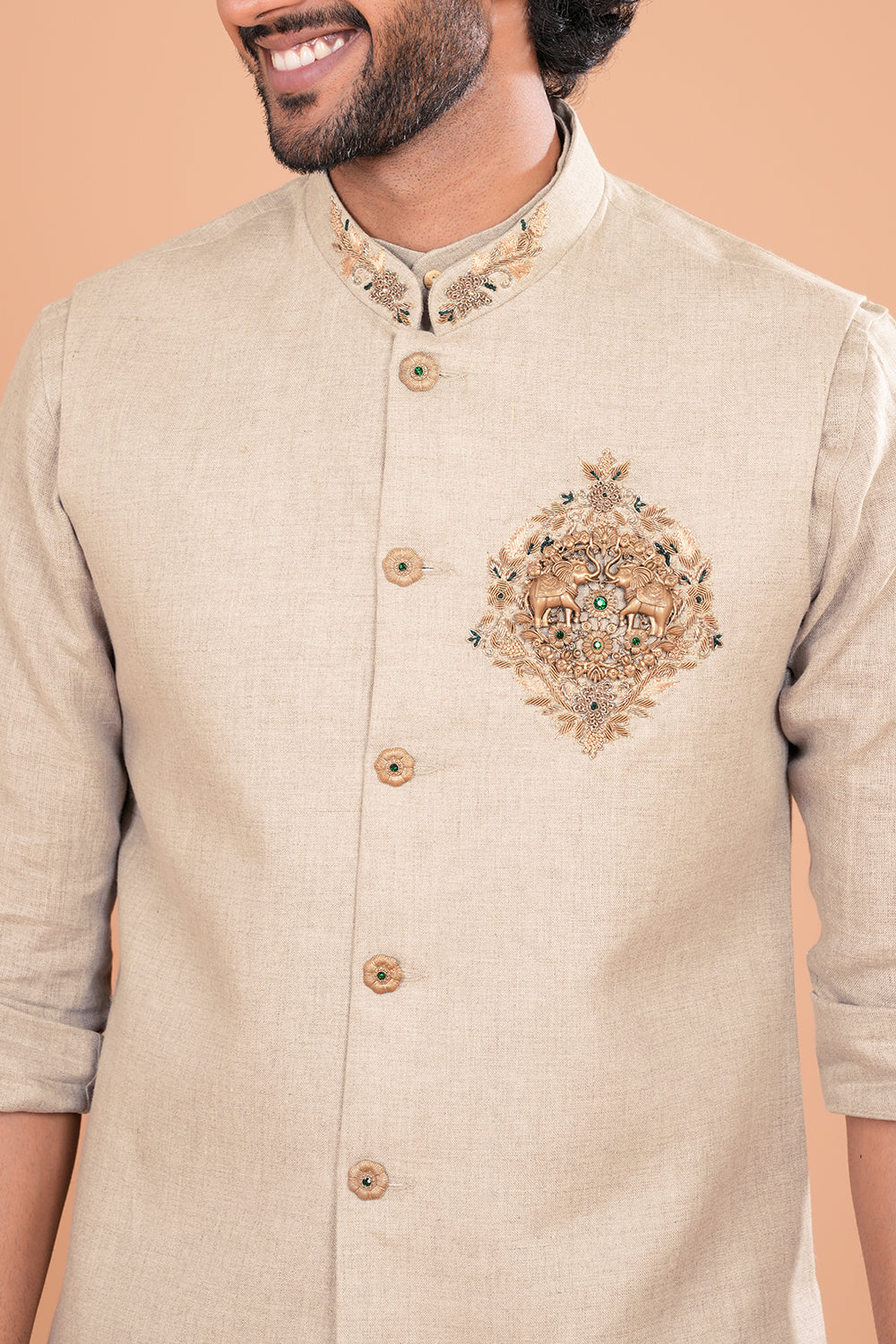 Khaki Beige Linen Embroidered Bundi Set