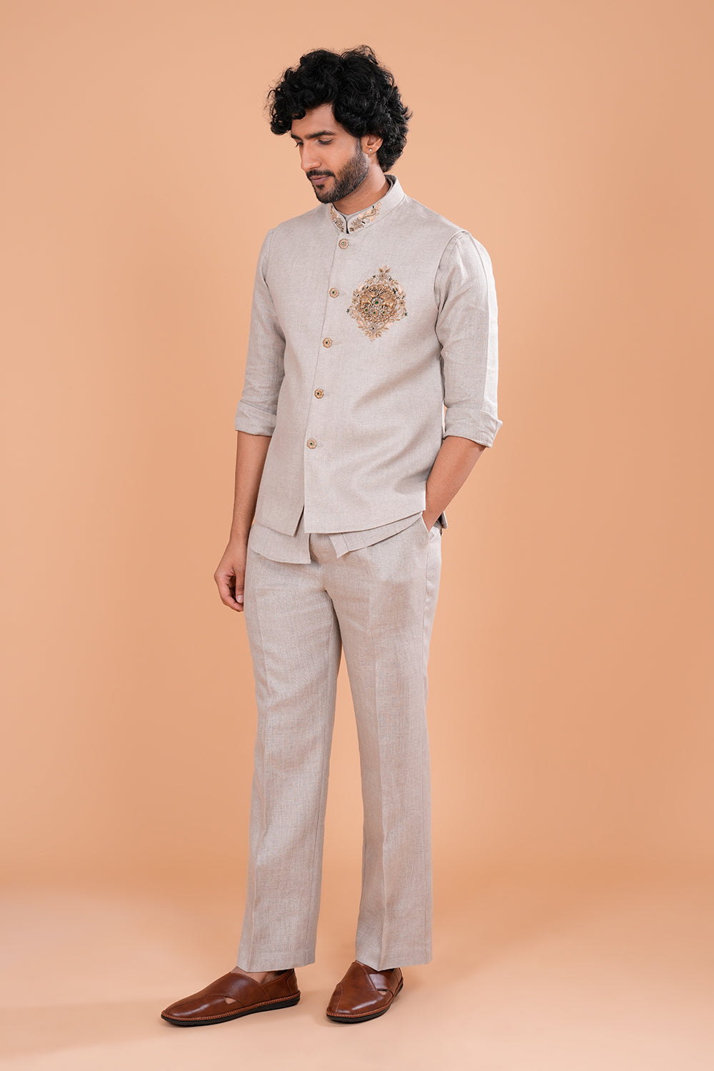 Ash Grey Linen Embroidered Bundi Set