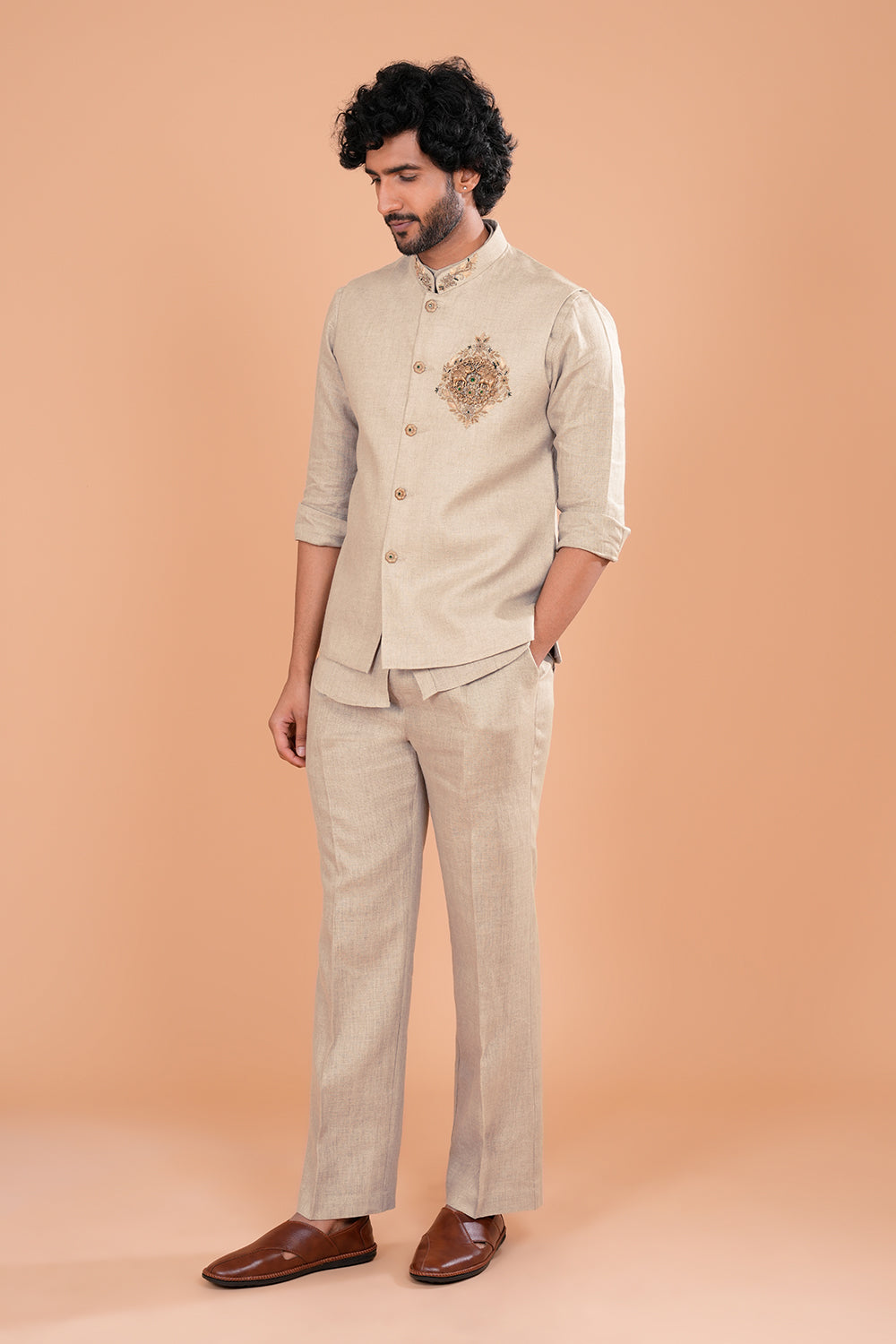 Khaki Beige Linen Embroidered Bundi Set