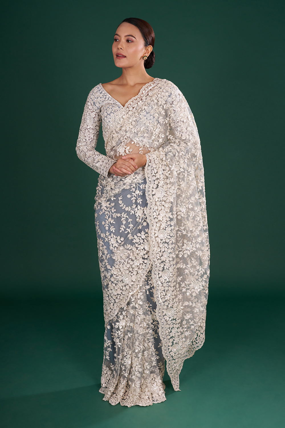 Ash Grey Embroidered Net Saree with Crystal Work and Stitched Blouse
