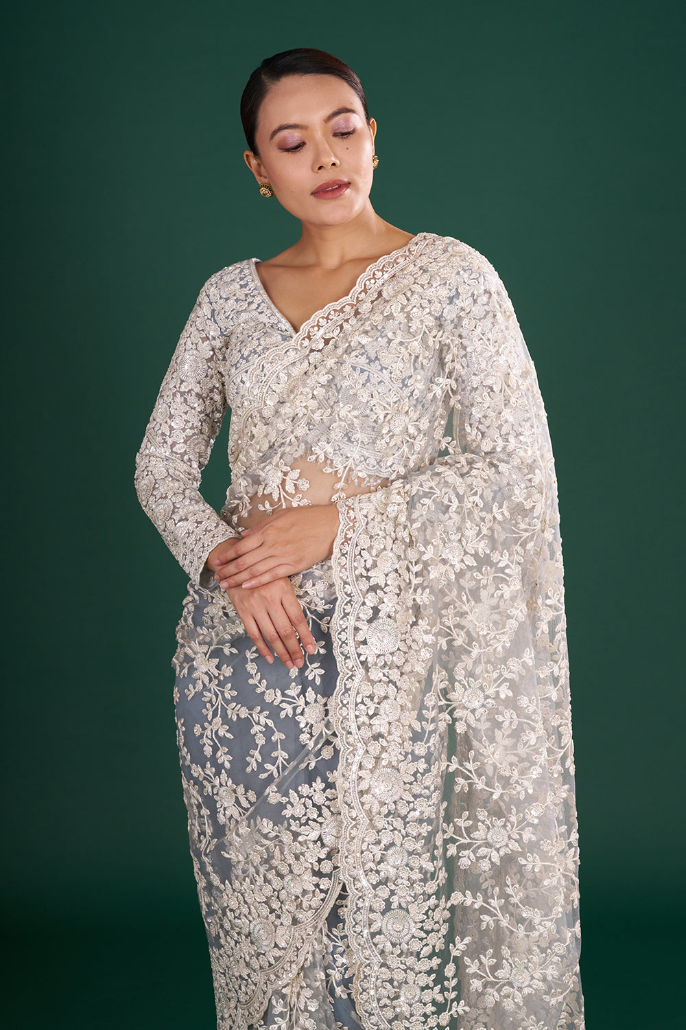 Ash Grey Embroidered Net Saree with Crystal Work and Stitched Blouse