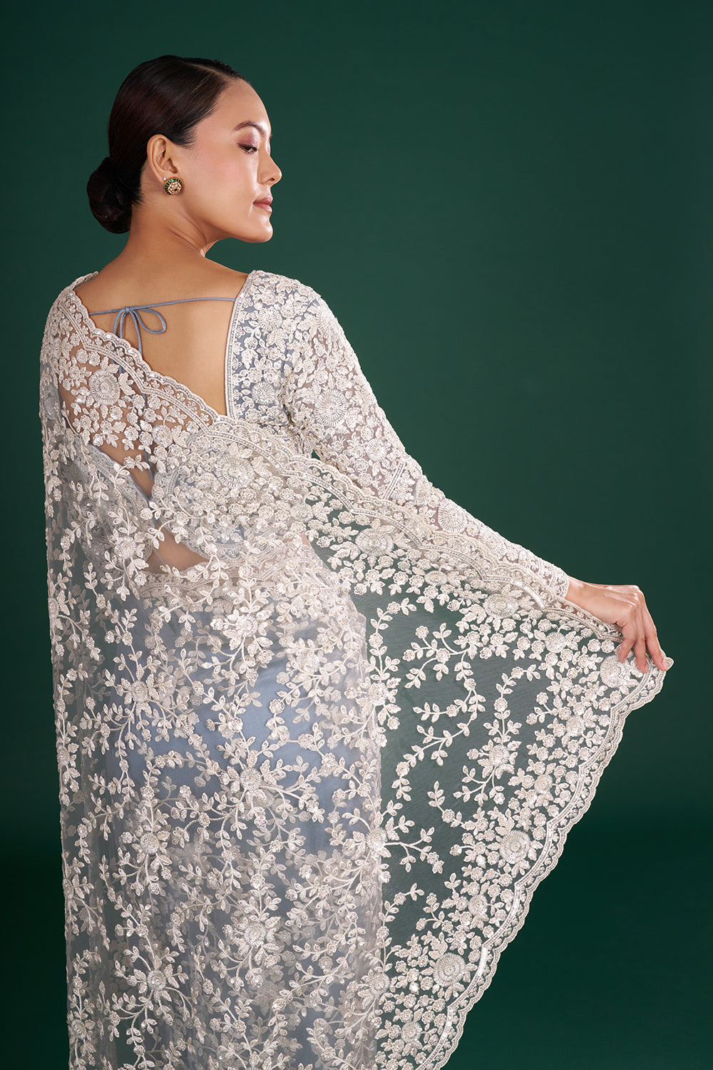 Ash Grey Embroidered Net Saree with Crystal Work and Stitched Blouse
