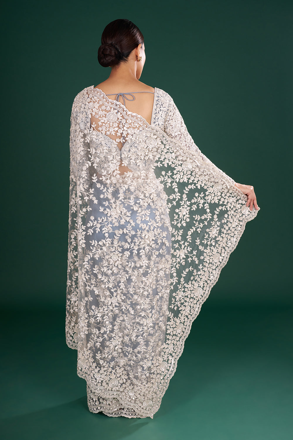 Ash Grey Embroidered Net Saree with Crystal Work and Stitched Blouse