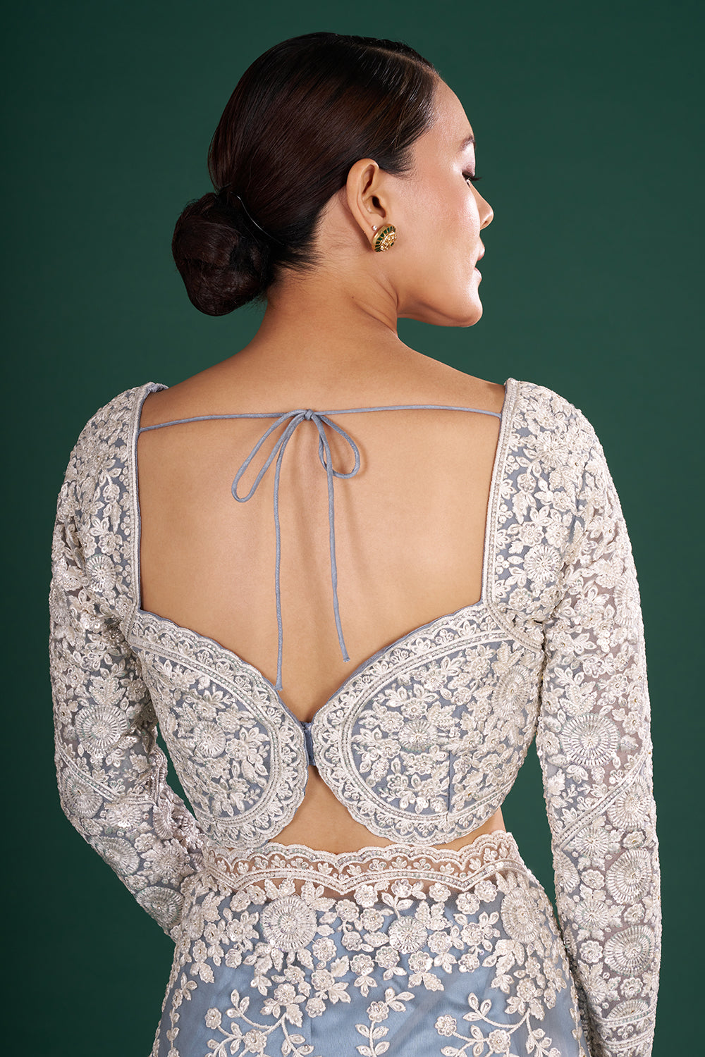 Ash Grey Embroidered Net Saree with Crystal Work and Stitched Blouse