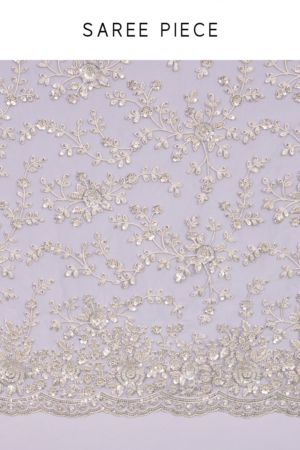 Ash Grey Embroidered Net Saree with Crystal Work and Stitched Blouse